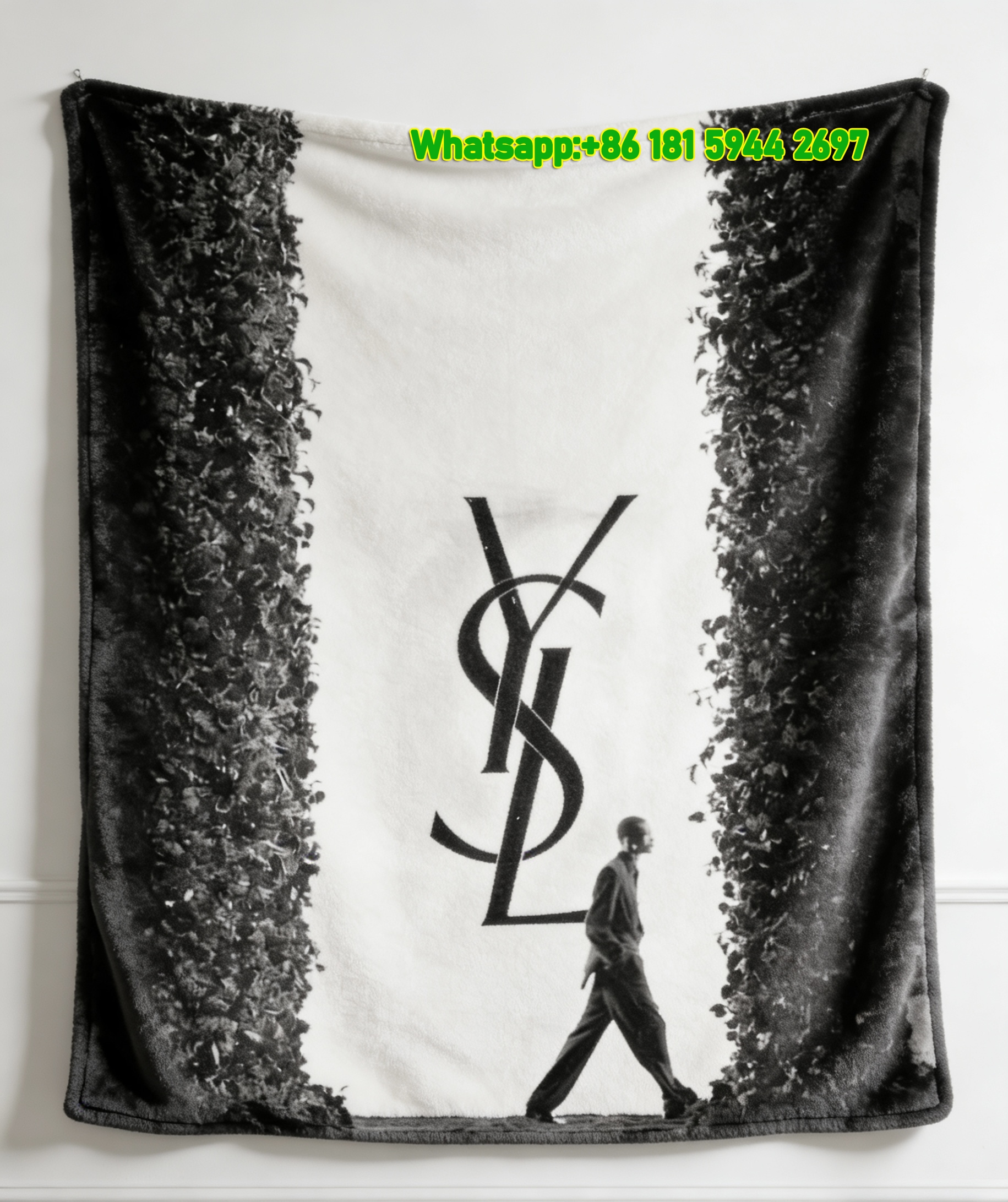 Yves Saint Laurent YSL Black and White Runway Logo Print Flannel Throw Blanket IMG_3284